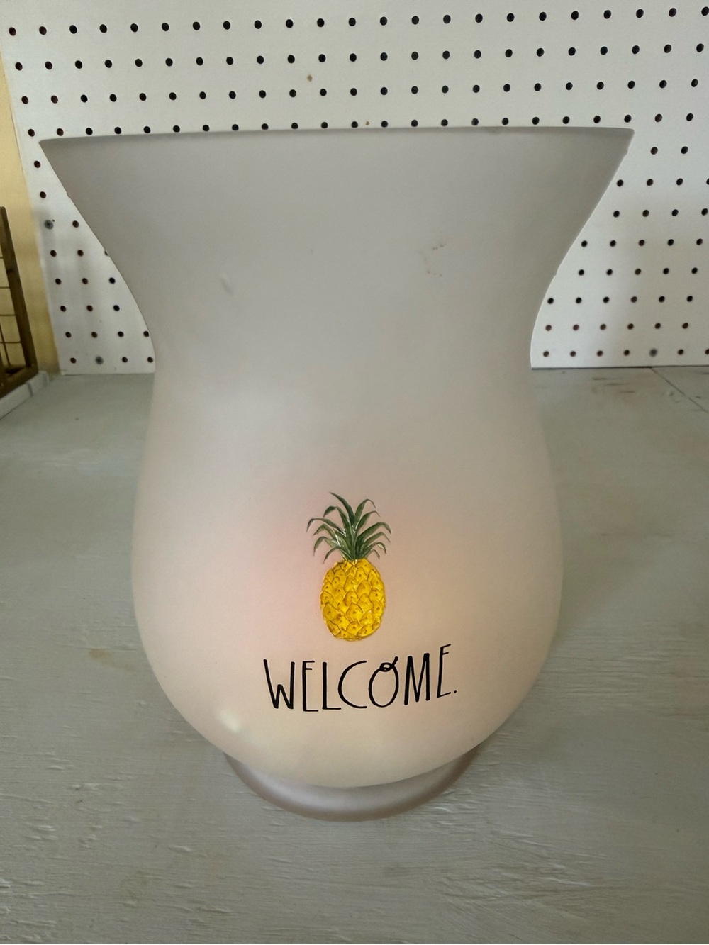 Rae Dunn White Ceramic Hurricane Vase with Yellow Pineapple Welcome